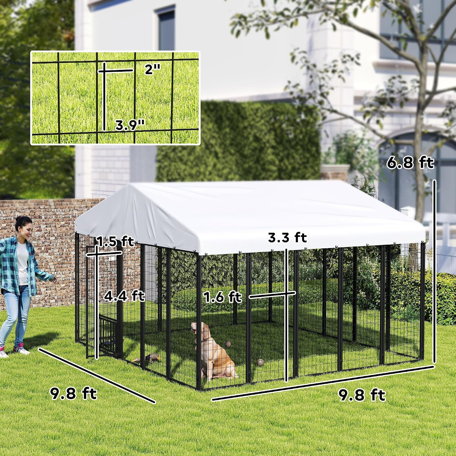 PawHut 10' x 10' x 6' Outdoor Dog Kennel, Welded Wire Dog Kennel Outside Run with 360° Rotating Bowls, Waterproof & UV Resistant Cover, for S&M&L Breeds, Chickens, Ducks, Sliver