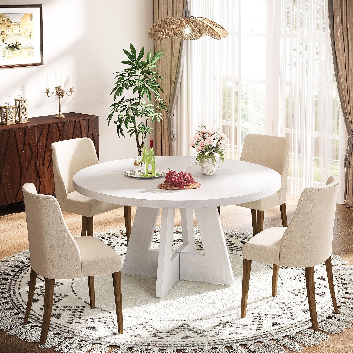 Tribesigns Farmhouse Dining Table, 47 Inch Round Dinner Table for 4, Rustic Round Dining Room Table for Home Dining Room Living Room (White)