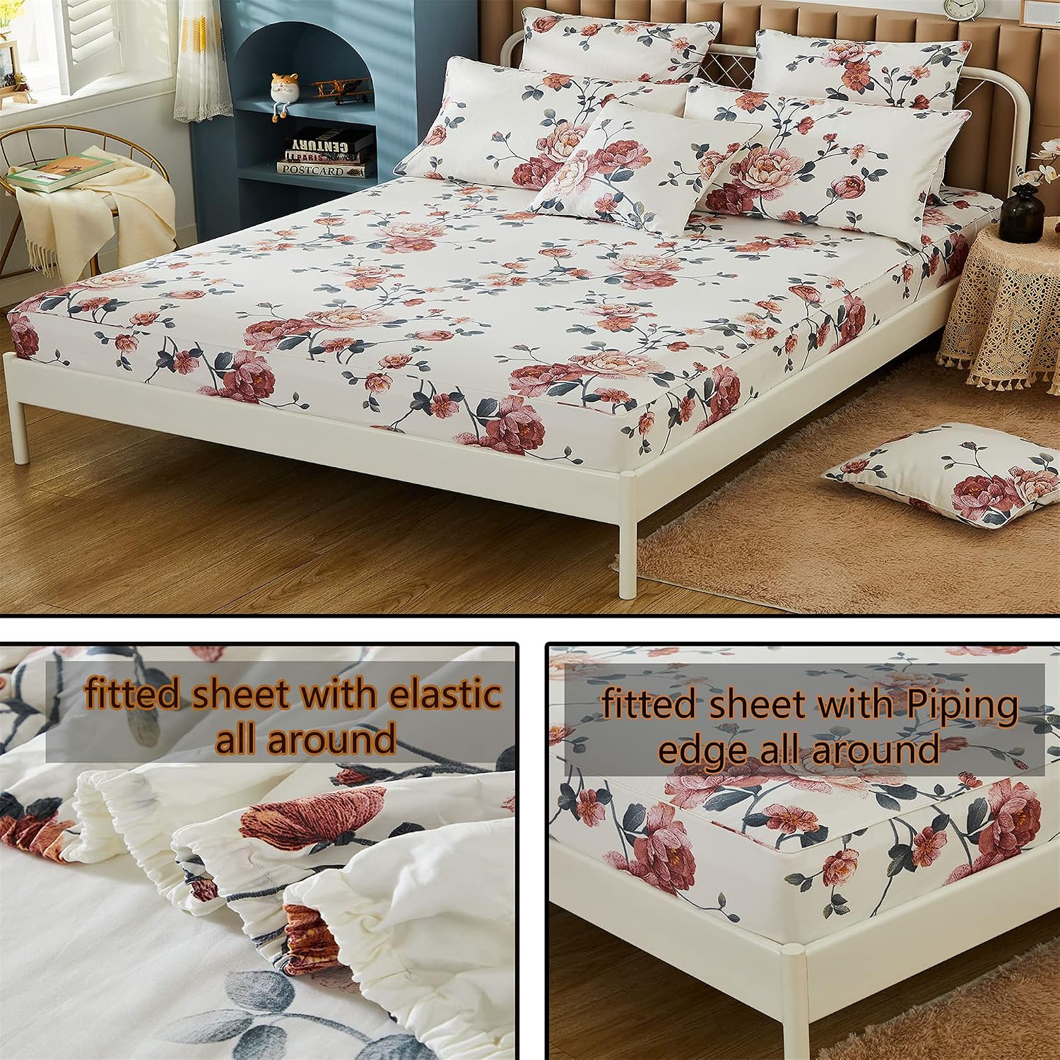 FADFAY Sheets Set Queen Shabby Beige Floral Bedding Elegant Peony Sheets Set Vintage Flower Bedding Collections Soft 100% Egyptian Cotton 800 Thread Count Deep Pocket Fitted Sheet, 4Pcs-Queen Size