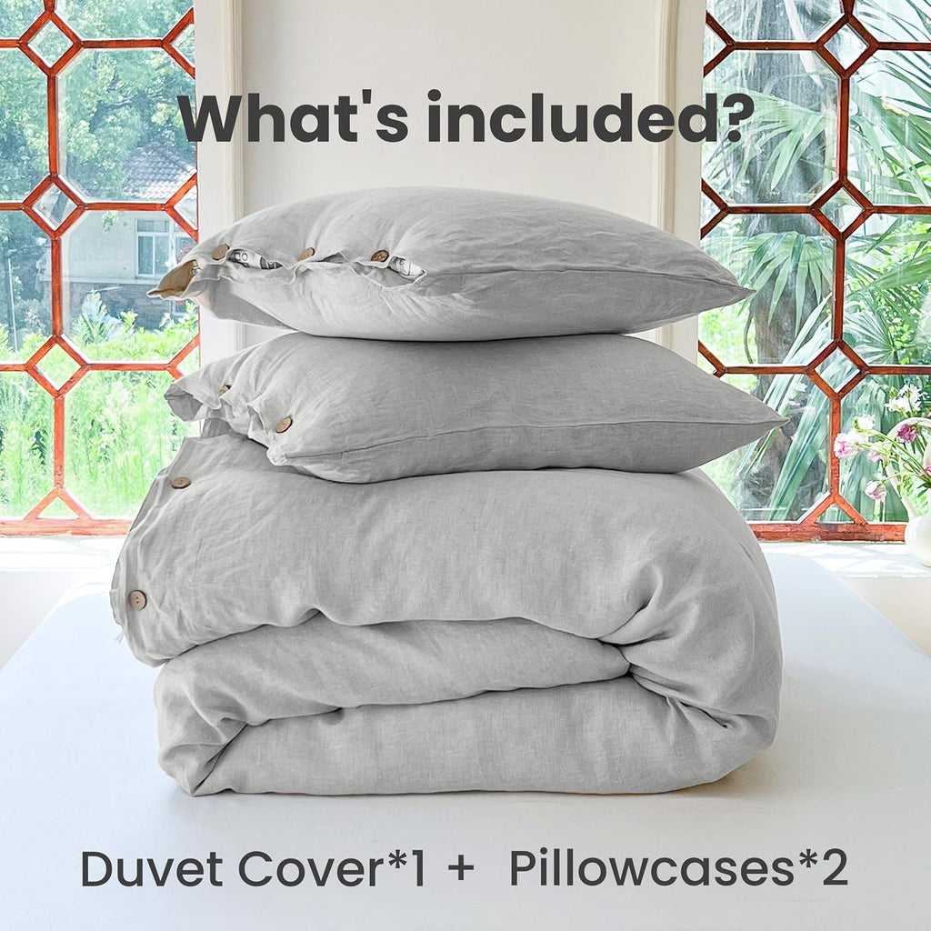 Simple&Opulence 100% Linen Duvet Cover Set 3pcs with Coconut Button Closure Natural French Washed Flax Solid Color Soft Breathable Farmhouse Bedding - Light Grey, Queen Size