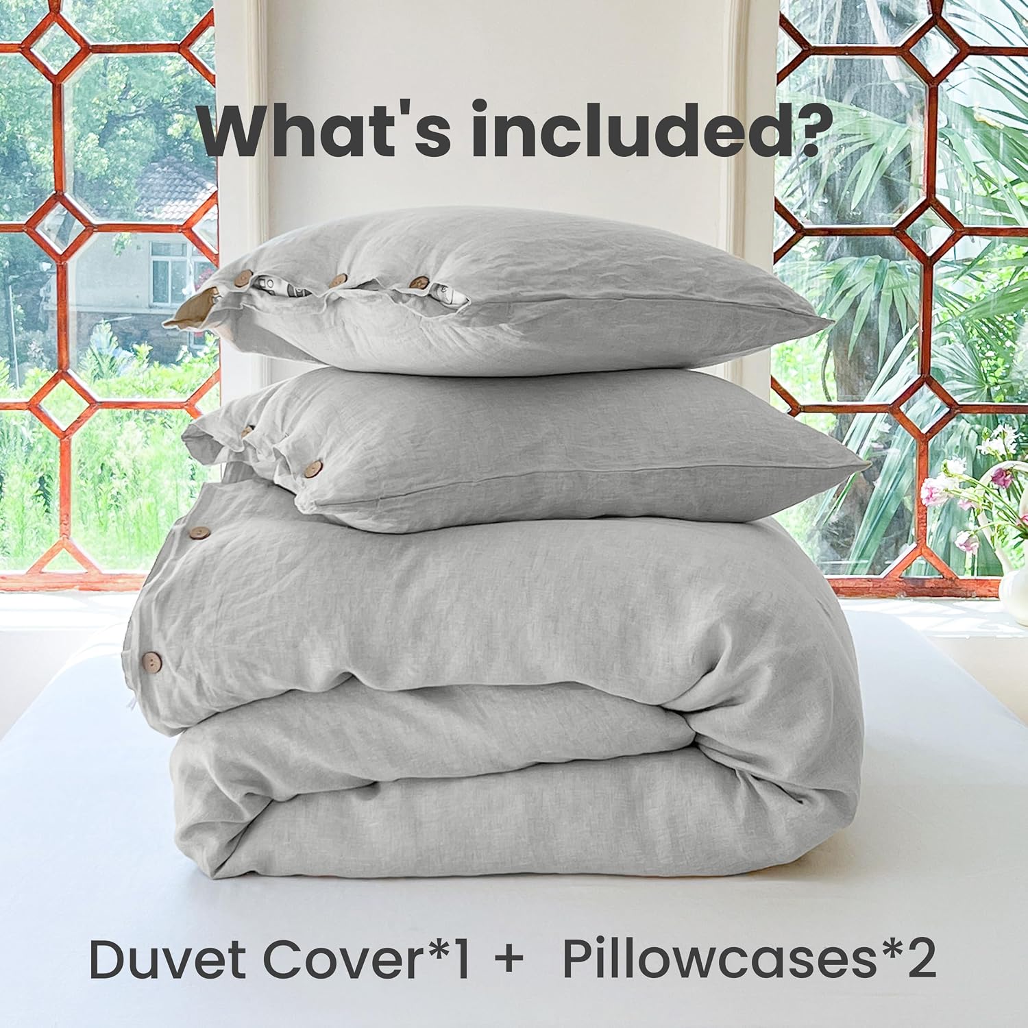 Simple&Opulence 100% Linen Duvet Cover Set 3pcs with Coconut Button Closure Natural French Washed Flax Solid Color Soft Breathable Farmhouse Bedding - Light Grey, Queen Size