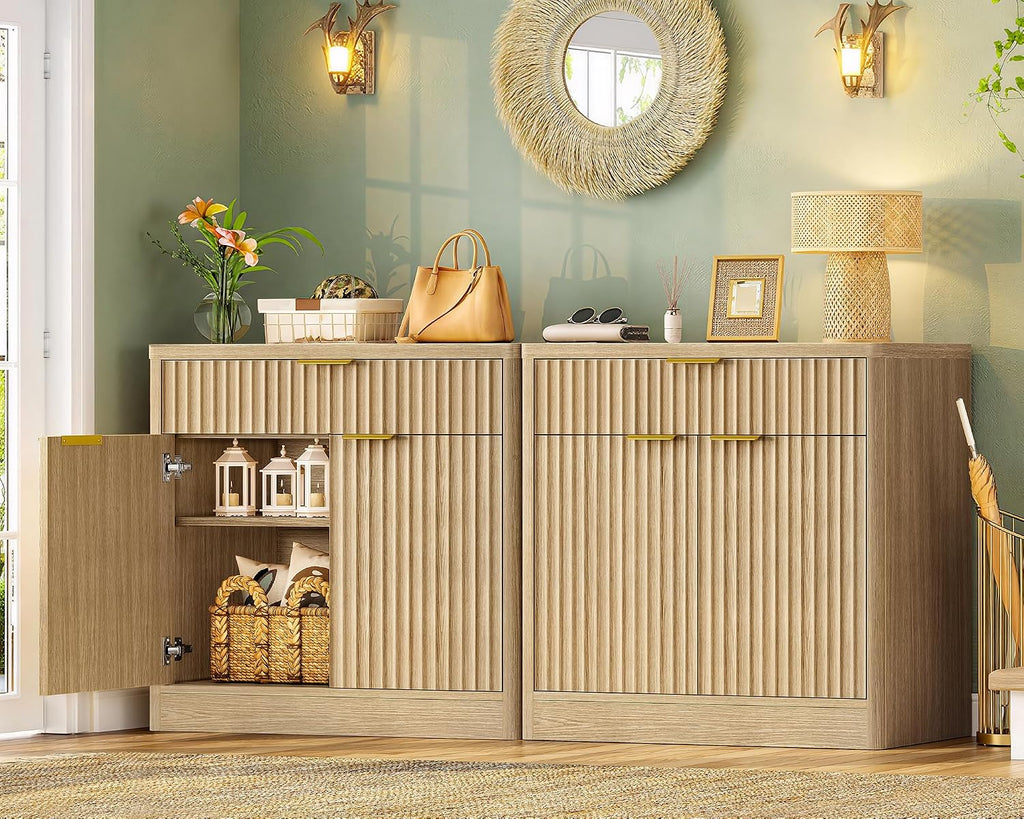 TEENFON 63' Fluted Buffet Sideboard Cabinet with Storage, Buffet Table Coffee Bar Wine Bar Storage Cabinet with Adjustable Shelf for Living Room, Kitchen, Natural