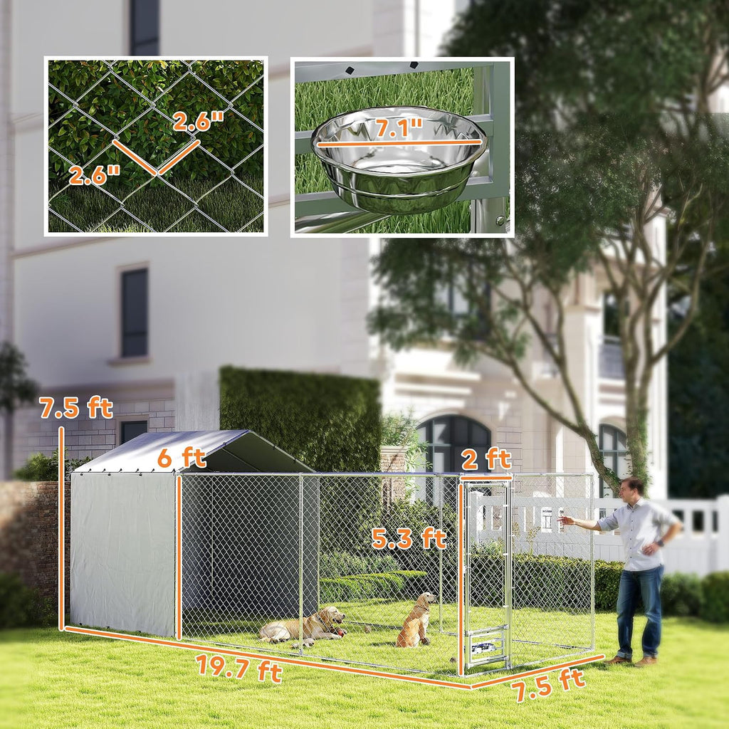 PawHut 20' x 7.5' x 7.5' Large Outdoor Dog Kennel w/Secure Lock, Heavy Duty Galvanized Chain Link Dog Kennel w/Waterproof & UV-Resistant Cover, Rotating Bowls, for M&L Breeds, Chickens, Ducks