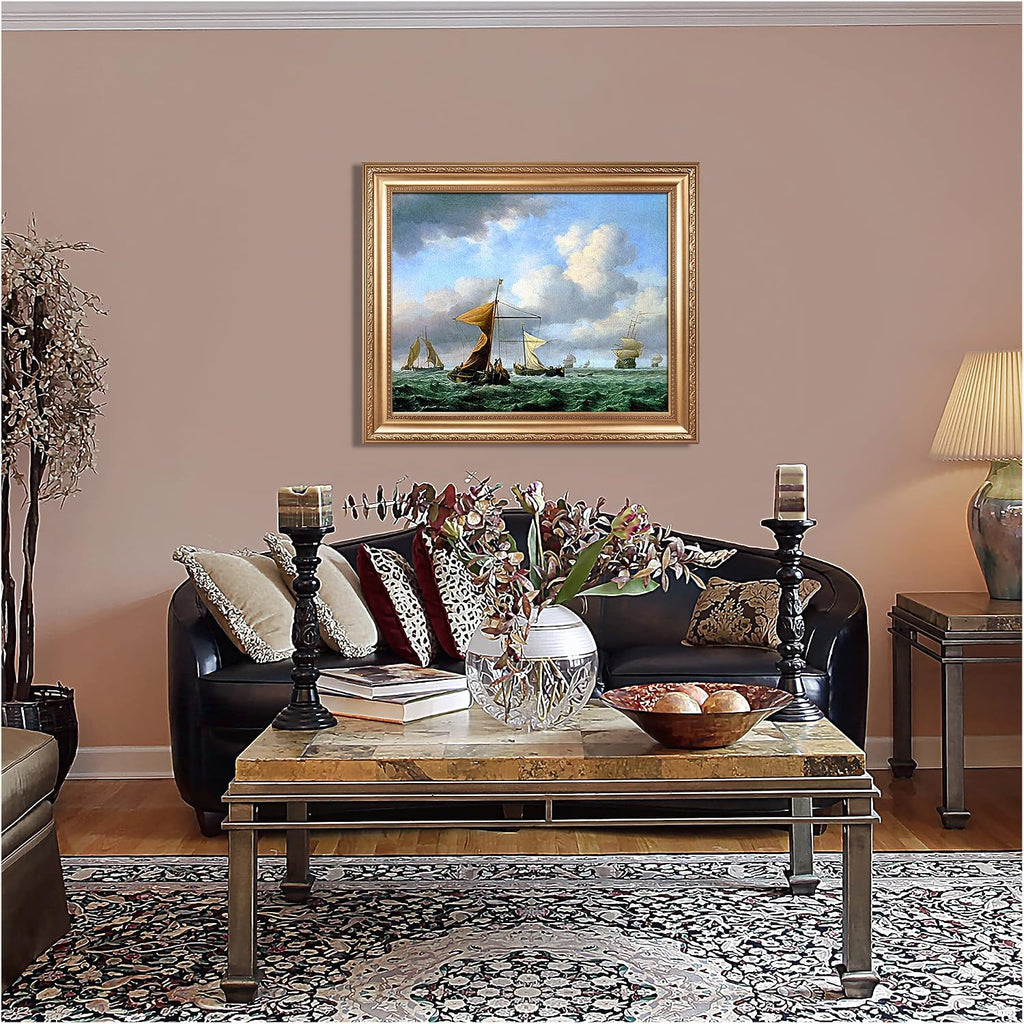 A Brisk Breeze by Willem van de velde Warship Painting Reproductions Framed Size:36x30 inches,Image Size:30x24 inches World Classic Reproductions For HomeDecor,Gold Frame