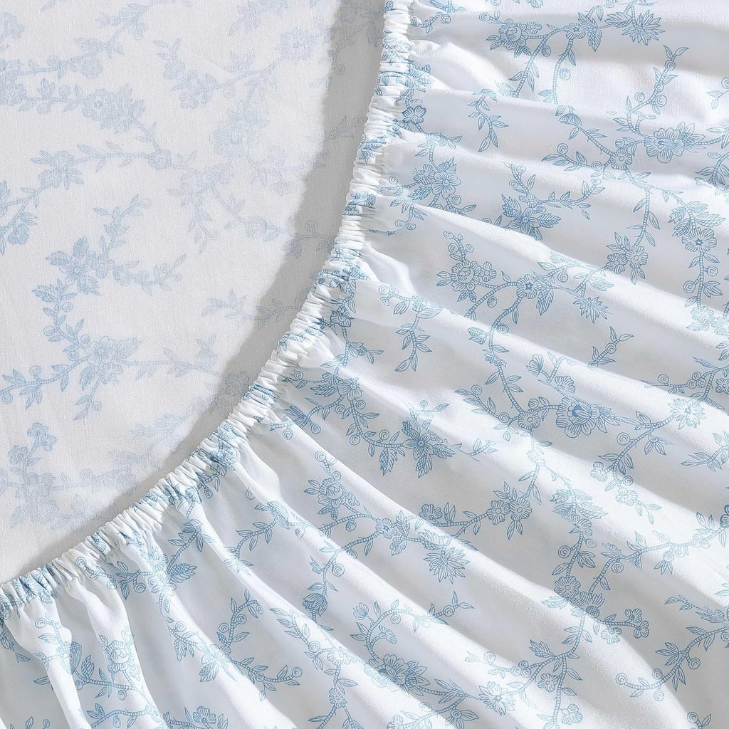 Laura Ashley - Twin XL Size Sheet Set, Crisp Cotton Percale Bedding with Ruffle Pillowcase, Fully Elastic Deep Pocket Fitted Sheet, Floral Room Decor, Breathable All-Season Comfort (Victoria Blue)