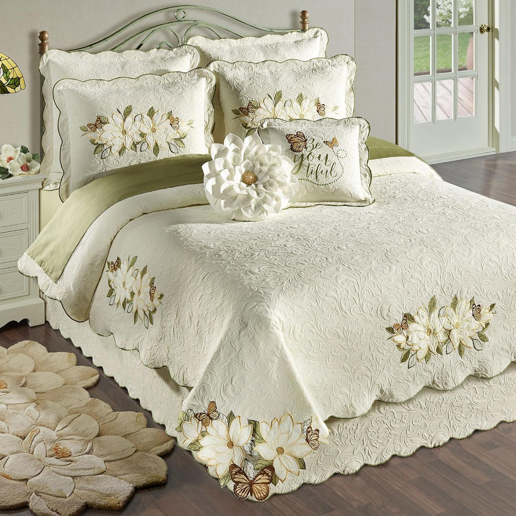Sweetbay Matelasse Bedding | Magnolia, Butterfly, & Leaf Velvet Appliques | 10-Pc Ivory Lightweight Bed Set: King Coverlet, Bedskirt, 2 King Shams, 2 Euro Shams, 2 Euro Inserts, & 2 Accent Pillows
