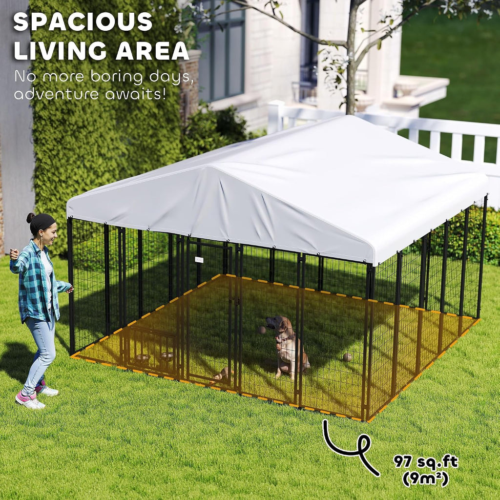 PawHut 10' x 10' x 6' Outdoor Dog Kennel, Welded Wire Dog Kennel Outside Run with 360° Rotating Bowls, Waterproof & UV Resistant Cover, for S&M&L Breeds, Chickens, Ducks, Sliver