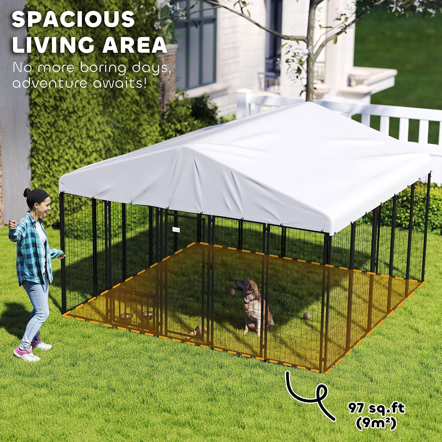PawHut 10' x 10' x 6' Outdoor Dog Kennel, Welded Wire Dog Kennel Outside Run with 360° Rotating Bowls, Waterproof & UV Resistant Cover, for S&M&L Breeds, Chickens, Ducks, Sliver