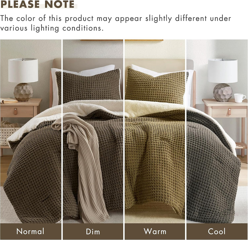 Madison Park Queen Comforter Set Cotton Chenille Waffle Comforters Queen Size Bed, All Season Down Alternative Sherpa Bedding Queen Size Comforter, Riordan, Full/Queen Brown 3 Piece