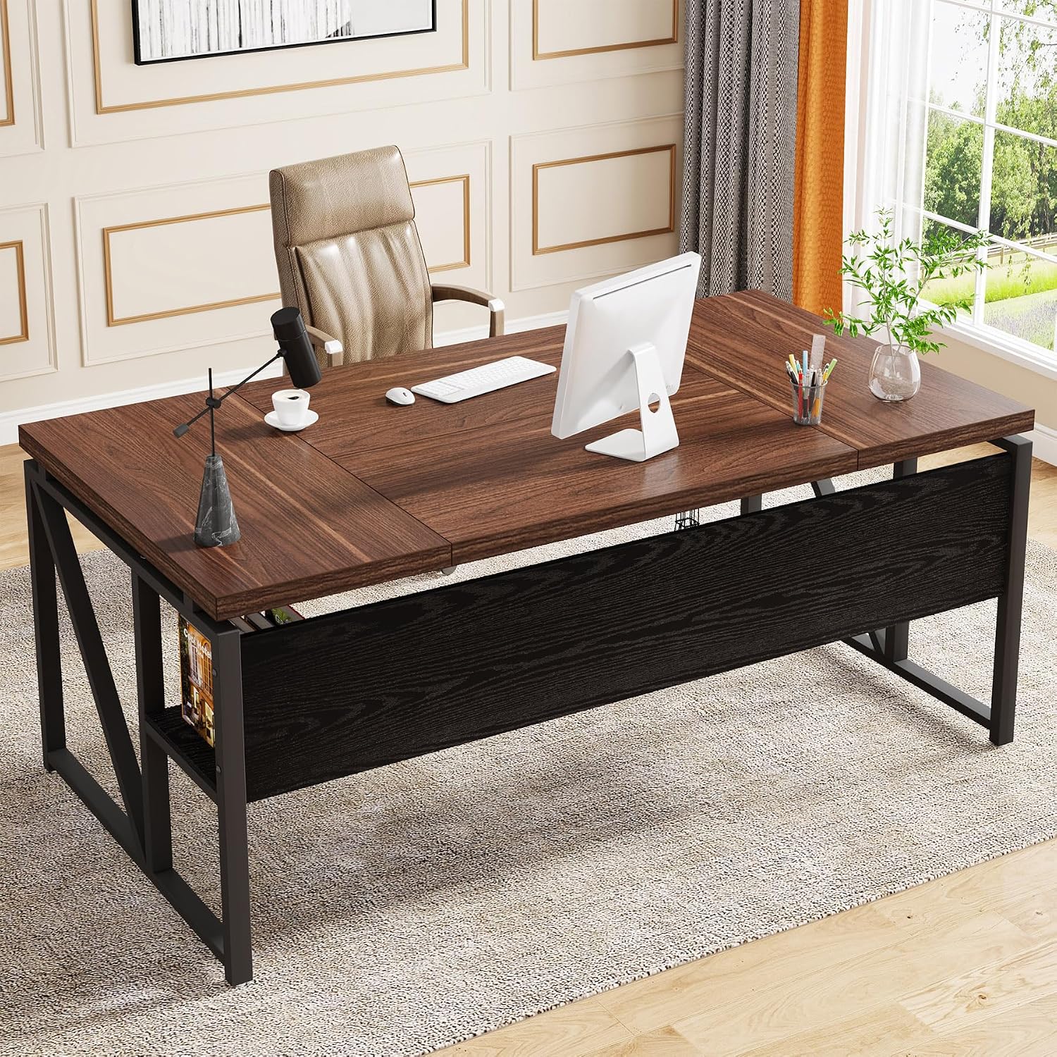 Tribesigns 63 inches Computer Desk with Bottom Storage Shelf Home Office Desk Writing Table for Workstation, Dark Walnut + Steel Leg, Cabinet not Included (Dark Brown, 63-inch-with-Shelf)