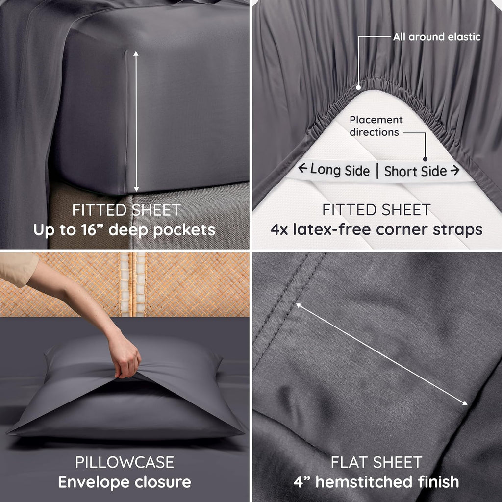 Bambaw California King Cooling Sheets Set 4pcs – 100% Viscose Derived from Bamboo Sheets Extra Deep Pockets, Soft & Breathable Bedding Set, Fits Up to 16'' with Elastic Corner Straps (Charcoal)