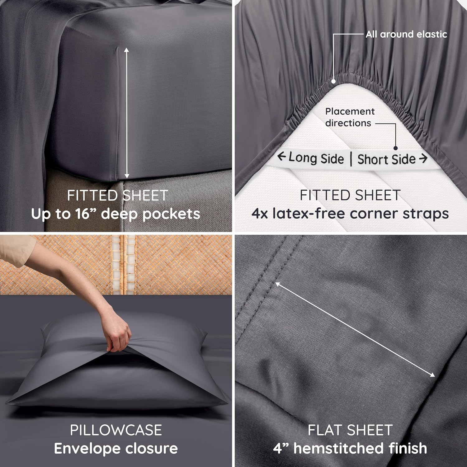Bambaw California King Cooling Sheets Set 4pcs – 100% Viscose Derived from Bamboo Sheets Extra Deep Pockets, Soft & Breathable Bedding Set, Fits Up to 16'' with Elastic Corner Straps (Charcoal)