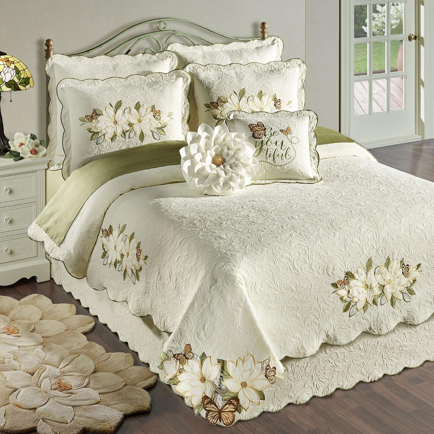 Sweetbay Matelasse Bedding | Magnolia, Butterfly, & Leaf Velvet Applique | 10-Pc Ivory Lightweight Bed Set: Full Coverlet, Bedskirt, 2 Standard Shams, 2 Euro Shams, 2 Euro Inserts, & 2 Accent Pillows