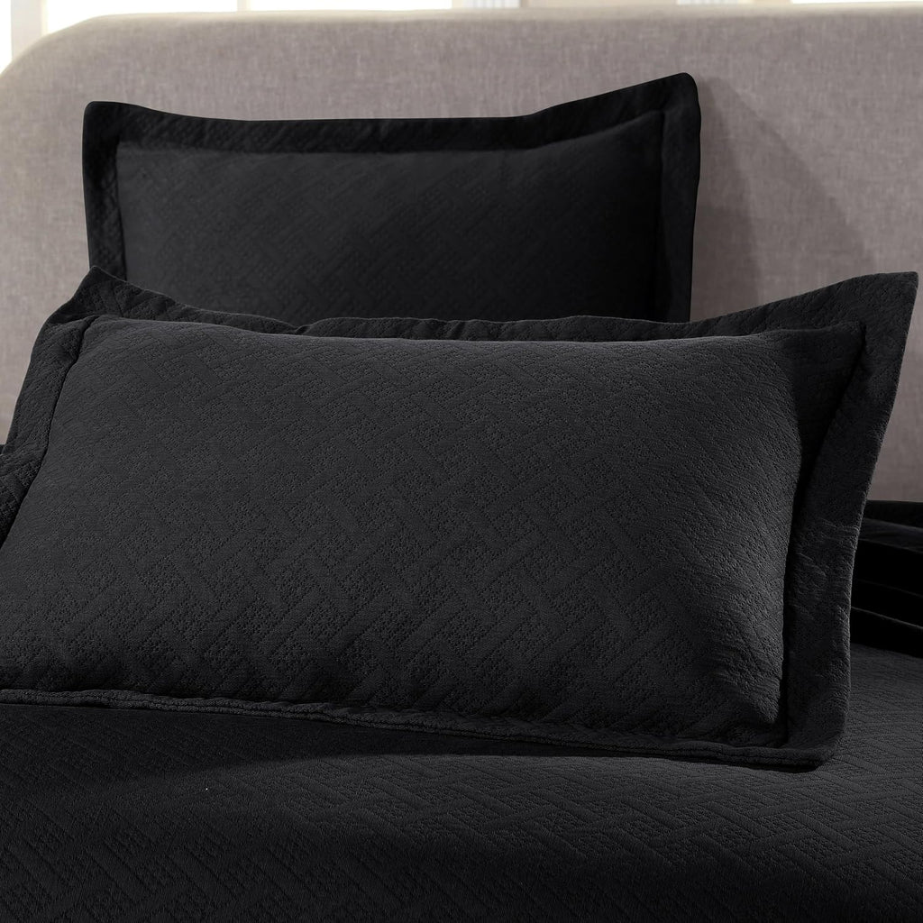 Superior 3 Piece Basketweave 100% Cotton Bedspread Set, Home Bed Decor, Decorative Bed Spread, 2 Pillow Shams, Medium Weight Blanket, Matelasse Coverlet Bedding, Geometric Lattice Pattern, King, Black