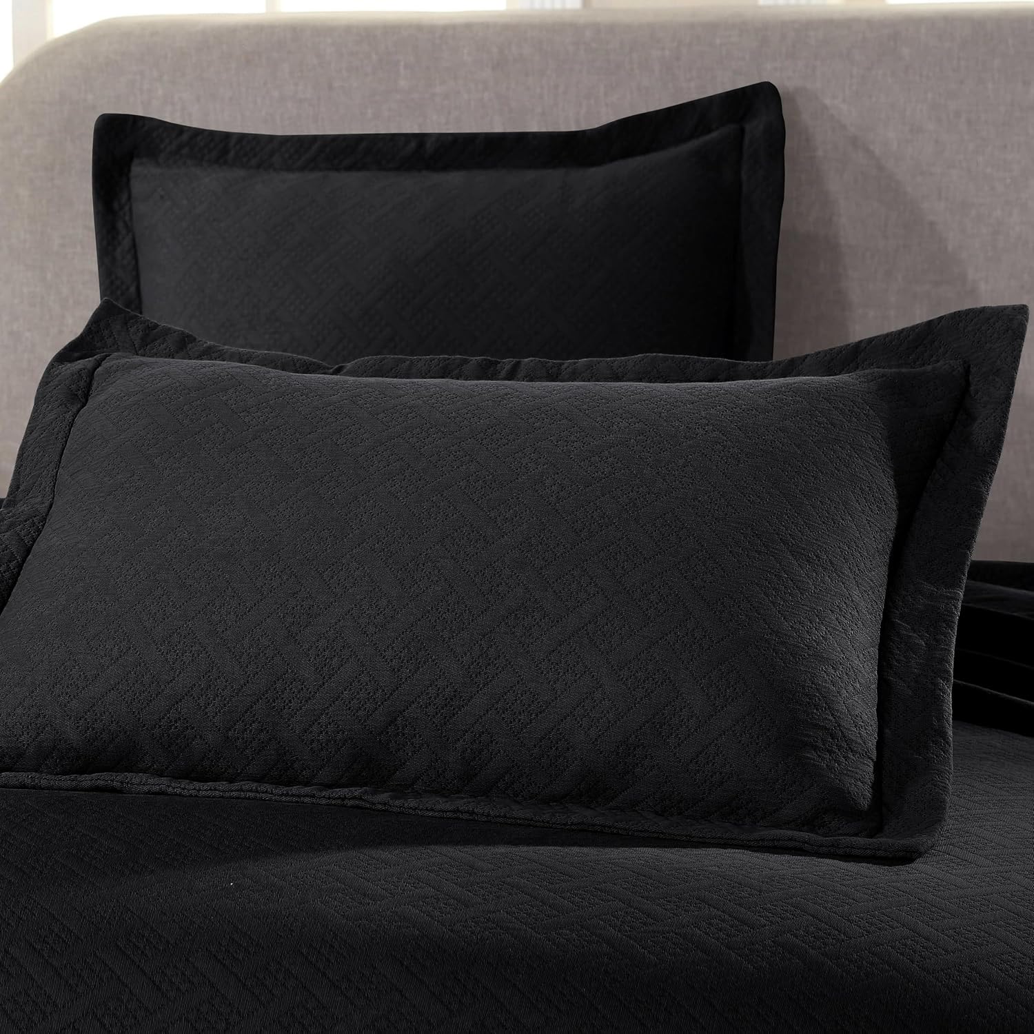 Superior 3 Piece Basketweave 100% Cotton Bedspread Set, Home Bed Decor, Decorative Bed Spread, 2 Pillow Shams, Medium Weight Blanket, Matelasse Coverlet Bedding, Geometric Lattice Pattern, King, Black