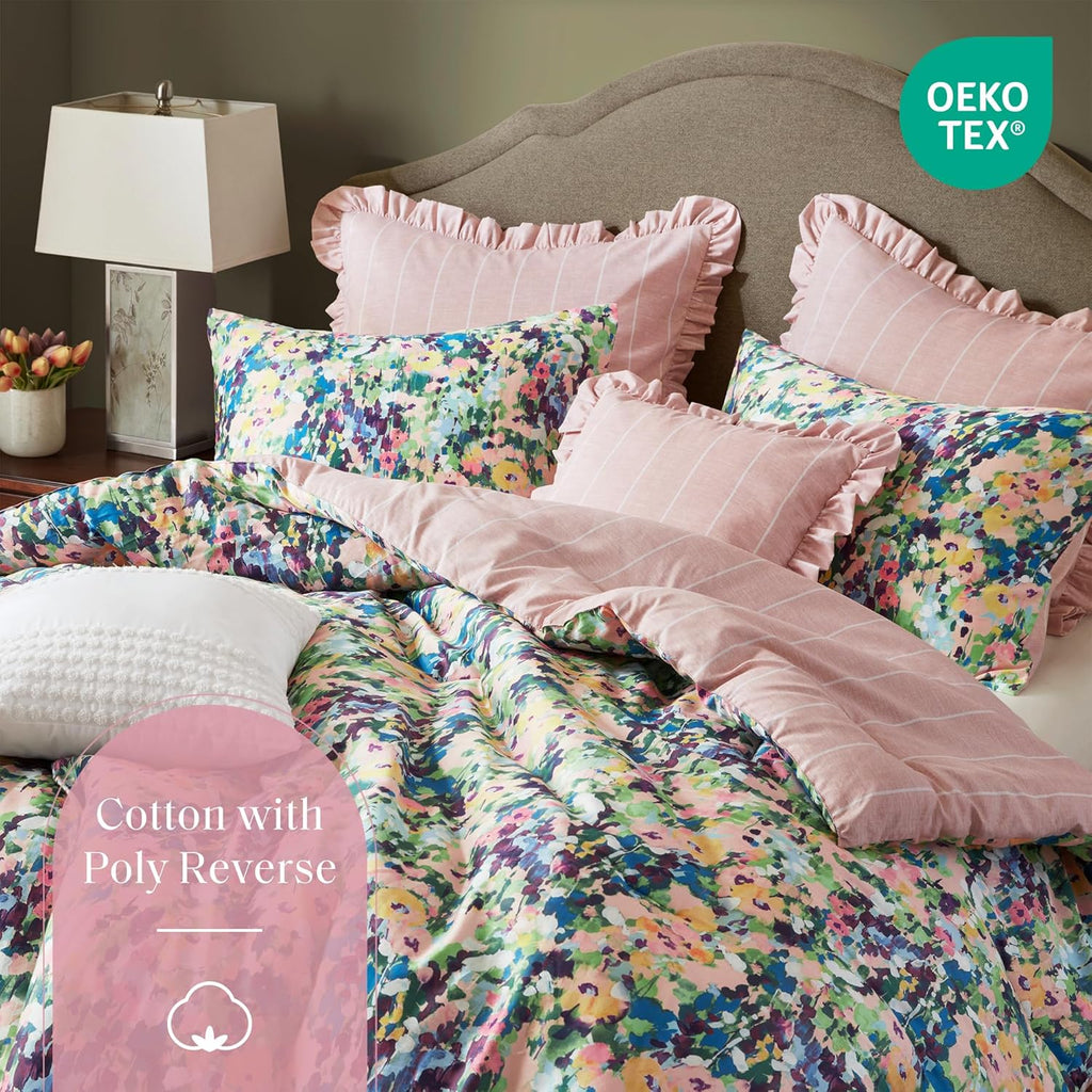 Madison Park Queen Comforter Set Cotton, Microfiber Reverse, Floral Reversible Comforters Queen Size Bed, All Season Bedding Queen Size Comforter, Shams, Pillows, Ophelia, Queen Multi 8 Piece