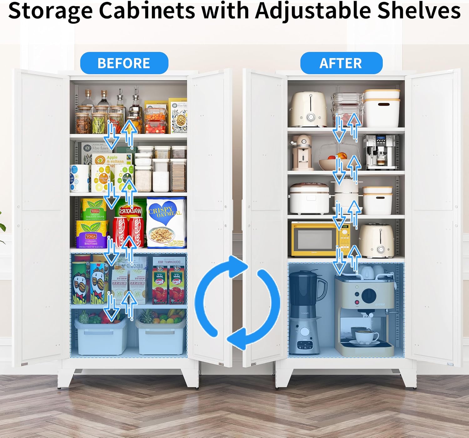 71' Tall Pantry Cabinet, White Metal Kitchen Storage Cabinet with 2 Doors and 4 Adjustable Shelves