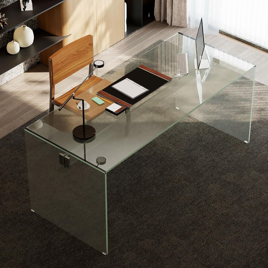 53.14' Modern Tempered Glass Executive Desk with Drawer, Black Wood Finish and Tempered Glass Legs – Minimalist Stylish Workstation Table for Home Office (Transparent Glass Desk)