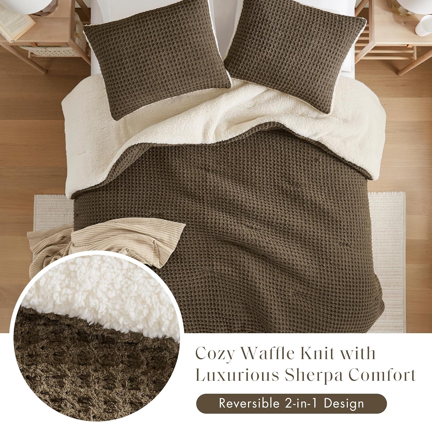 Madison Park King Comforter Set Cotton Chenille Waffle Comforter, All Season Down Alternative Sherpa Bedding Comforter, Riordan, King Brown 3 Piece