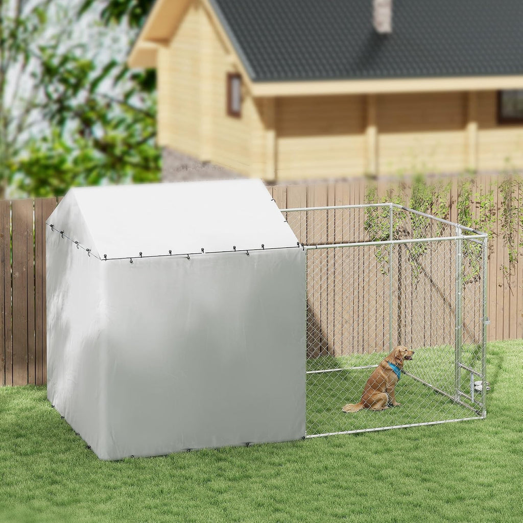 PawHut Large Outdoor Dog Kennel, Heavy Duty Galvanized Chain Link Dog Kennel Outside with Waterproof & UV-Resistant Cover, Rotating Bowls Door, for M&L Breeds, Chickens, Ducks, 13' x 7.5' x 7.5'