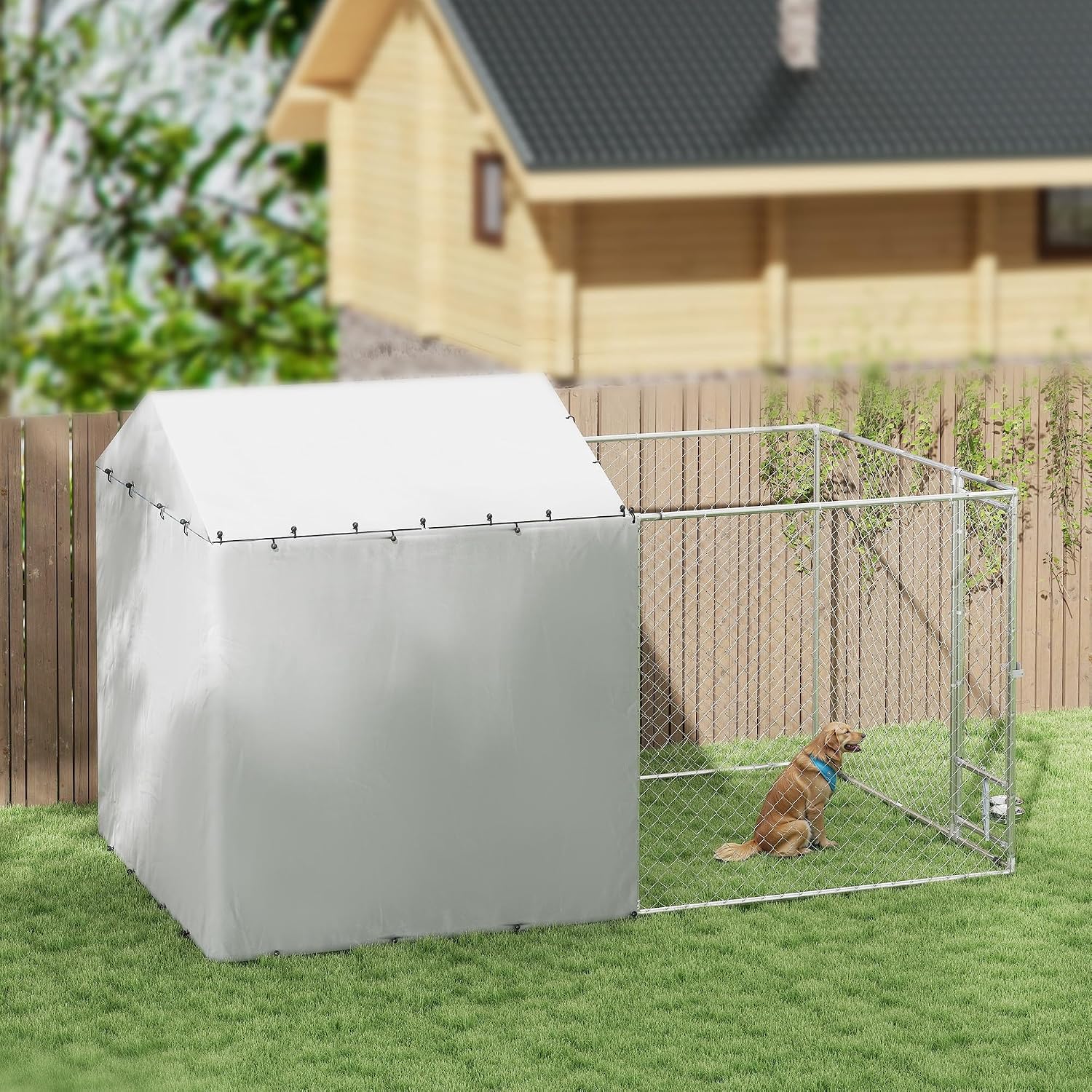 PawHut Large Outdoor Dog Kennel, Heavy Duty Galvanized Chain Link Dog Kennel Outside with Waterproof & UV-Resistant Cover, Rotating Bowls Door, for M&L Breeds, Chickens, Ducks, 13' x 7.5' x 7.5'