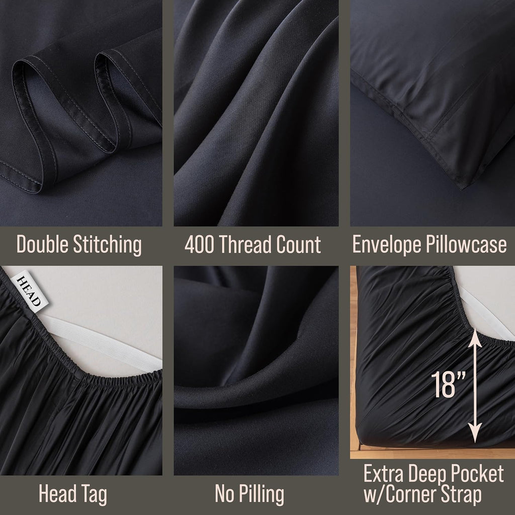 Bella Coterie Luxury Bamboo Viscose Queen Size Sheet Set | 100% Organically Grown | Ultra Soft | Cooling for Hot Sleepers | 18' Deep Pocket [Black]