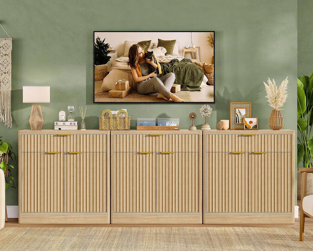 TEENFON 63' Fluted Buffet Sideboard Cabinet with Storage, Buffet Table Coffee Bar Wine Bar Storage Cabinet with Adjustable Shelf for Living Room, Kitchen, Natural