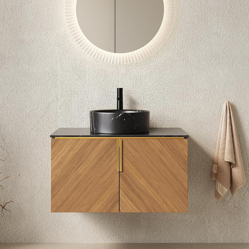 30' Floating Bathroom Vanity with Sink Combo, Modern Vanity with Vessel Sink, Wall-Mounted Bathroom Vanity Cabinet with Doors, Black Countertop and Black Round Ceramic Basin,Brown Oak