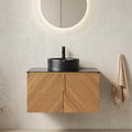 30' Floating Bathroom Vanity with Sink Combo, Modern Vanity with Vessel Sink, Wall-Mounted Bathroom Vanity Cabinet with Doors, Black Countertop and Black Round Ceramic Basin,Brown Oak