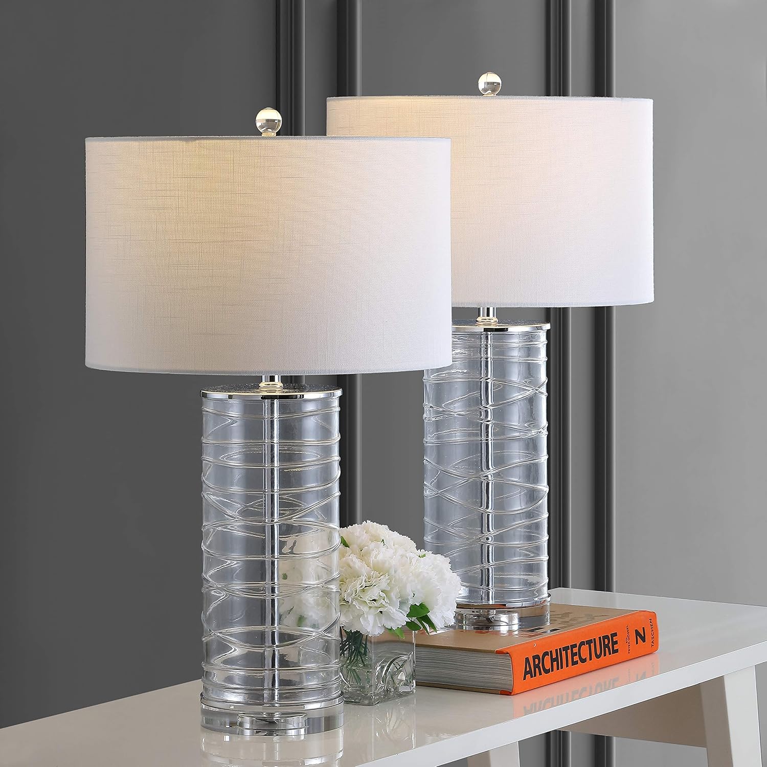 JONATHAN Y 27.5' Clear Modern Fused Glass Table Lamp Set of 2 for Bedroom Living Room, Coastal Nightstand Bedside Lamp with White Linen Shade, LED Bulbs Included (JYL4016B-SET2)
