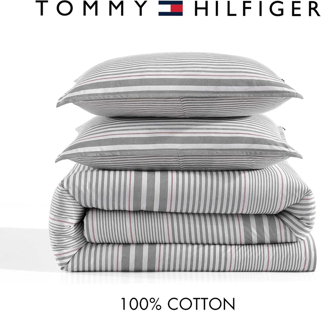 Tommy Hilfiger - King Comforter Set, Cotton Textured Bedding with Matching Shams, Medium Weight Bed Set, Oeko-TEX Certified (Danbury Stripe Blue)