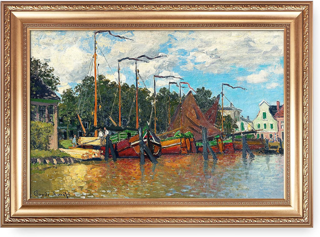 Boats at Zaandam by Claude Monet Painting Reproductions Framed Size:36x26 inches,Image Size:30x20 inches World Classic Reproductions For HomeDecor,Gold Frame