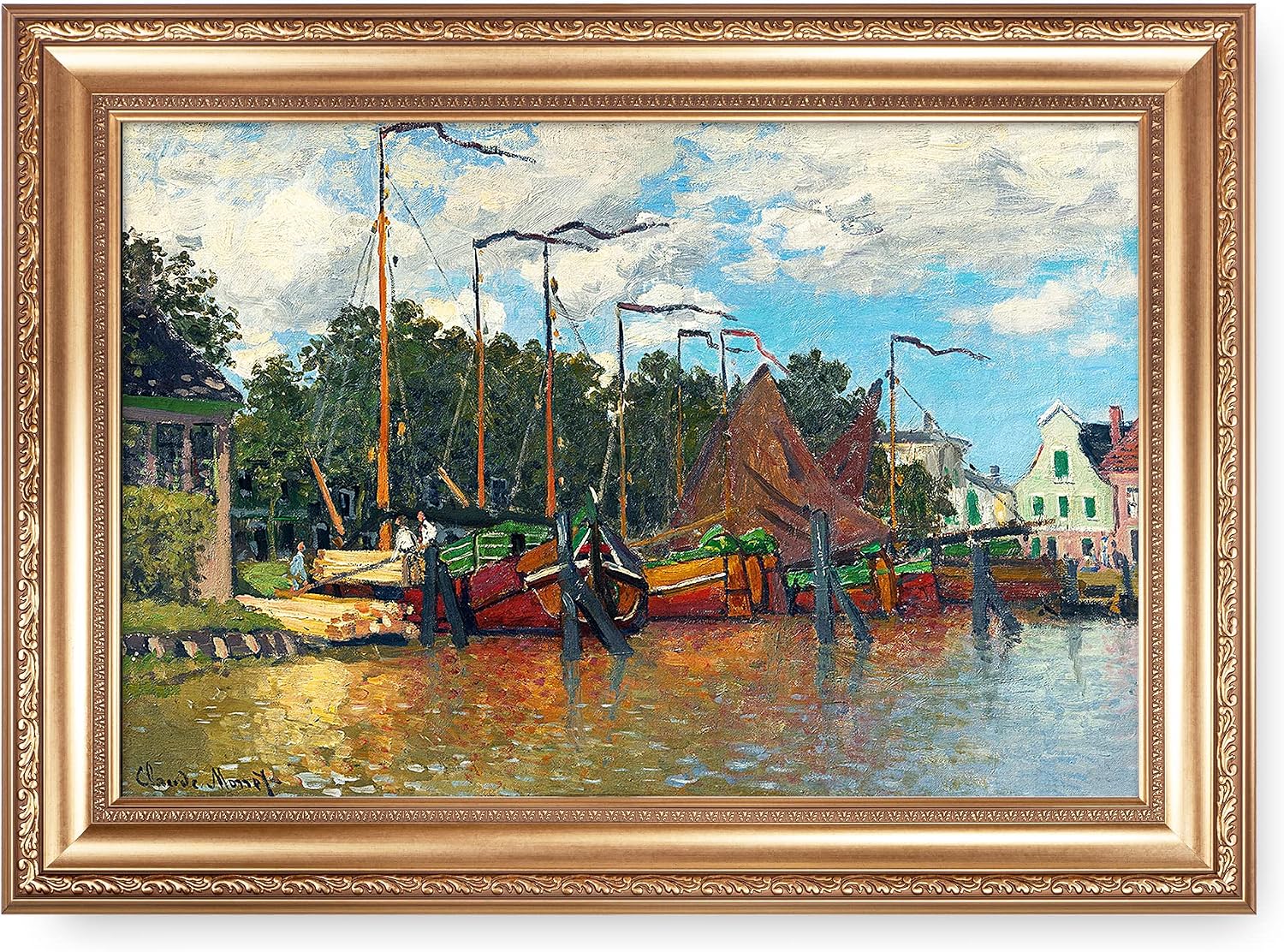 Boats at Zaandam by Claude Monet Painting Reproductions Framed Size:36x26 inches,Image Size:30x20 inches World Classic Reproductions For HomeDecor,Gold Frame