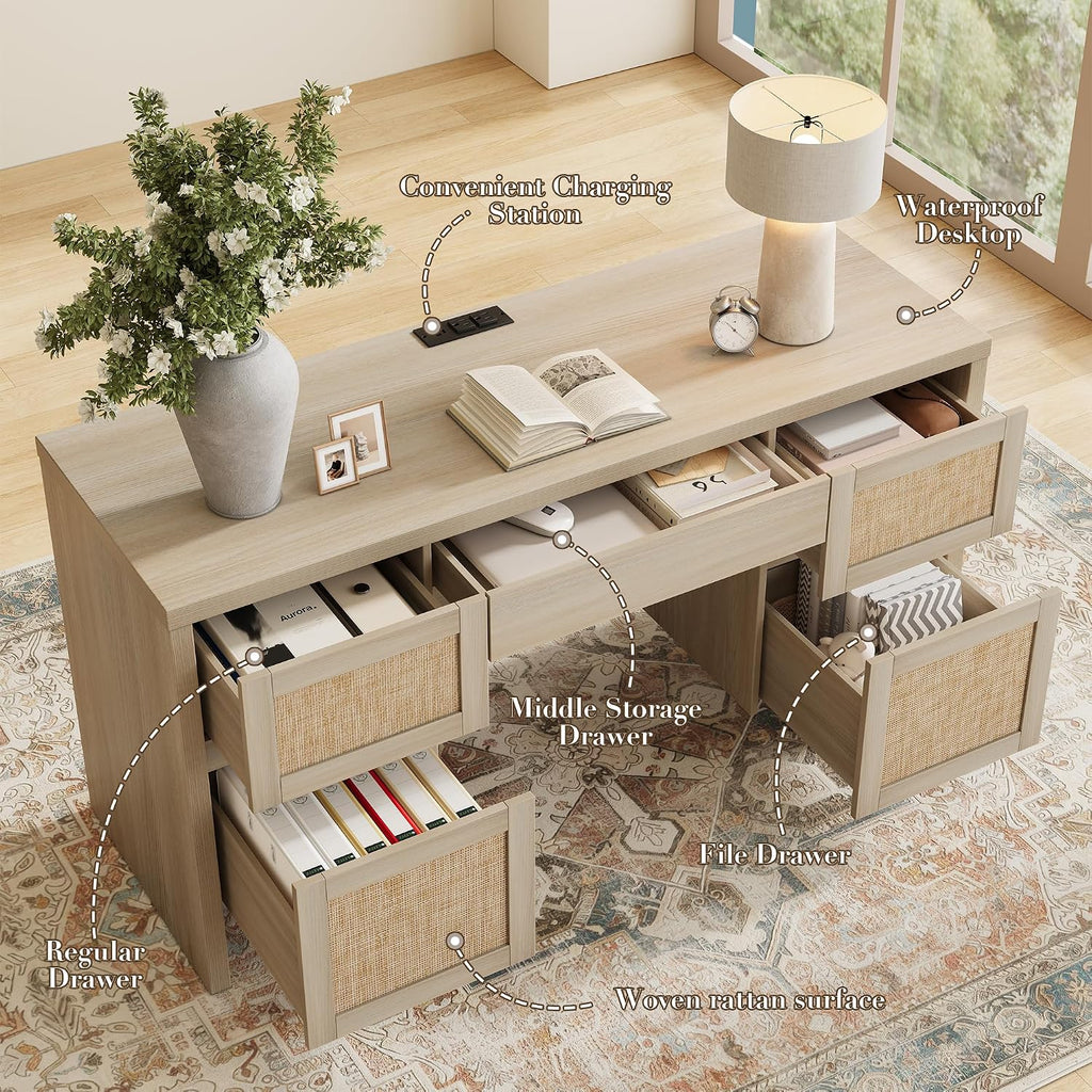 Yechen Executive Desk with 5 Drawers, 57' Modern Rattan Home Office Desk with Charging Station, File Drawer, Farmhouse Boho Computer Writing Desk for Study, Work, Light Beige