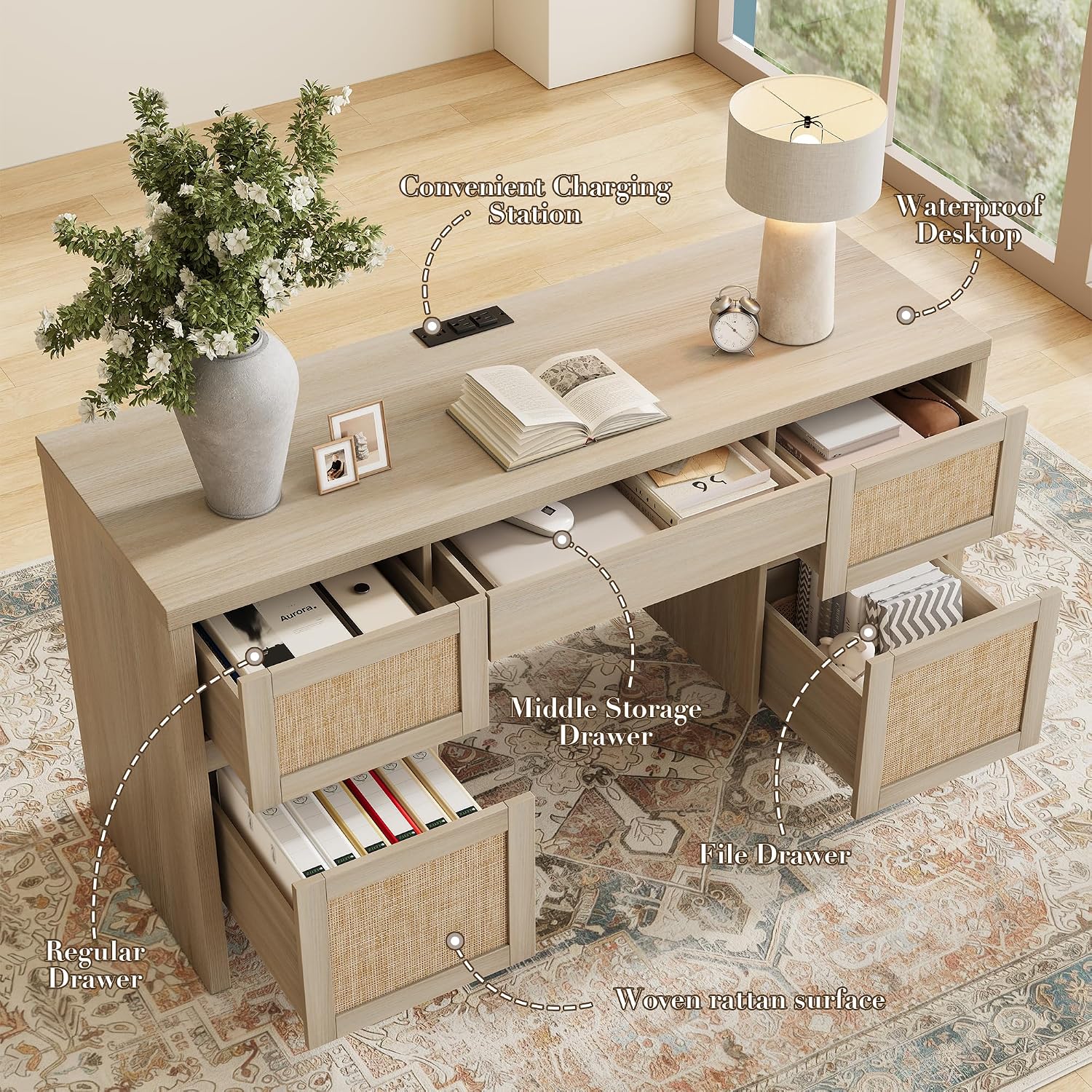Yechen Executive Desk with 5 Drawers, 57' Modern Rattan Home Office Desk with Charging Station, File Drawer, Farmhouse Boho Computer Writing Desk for Study, Work, Light Beige