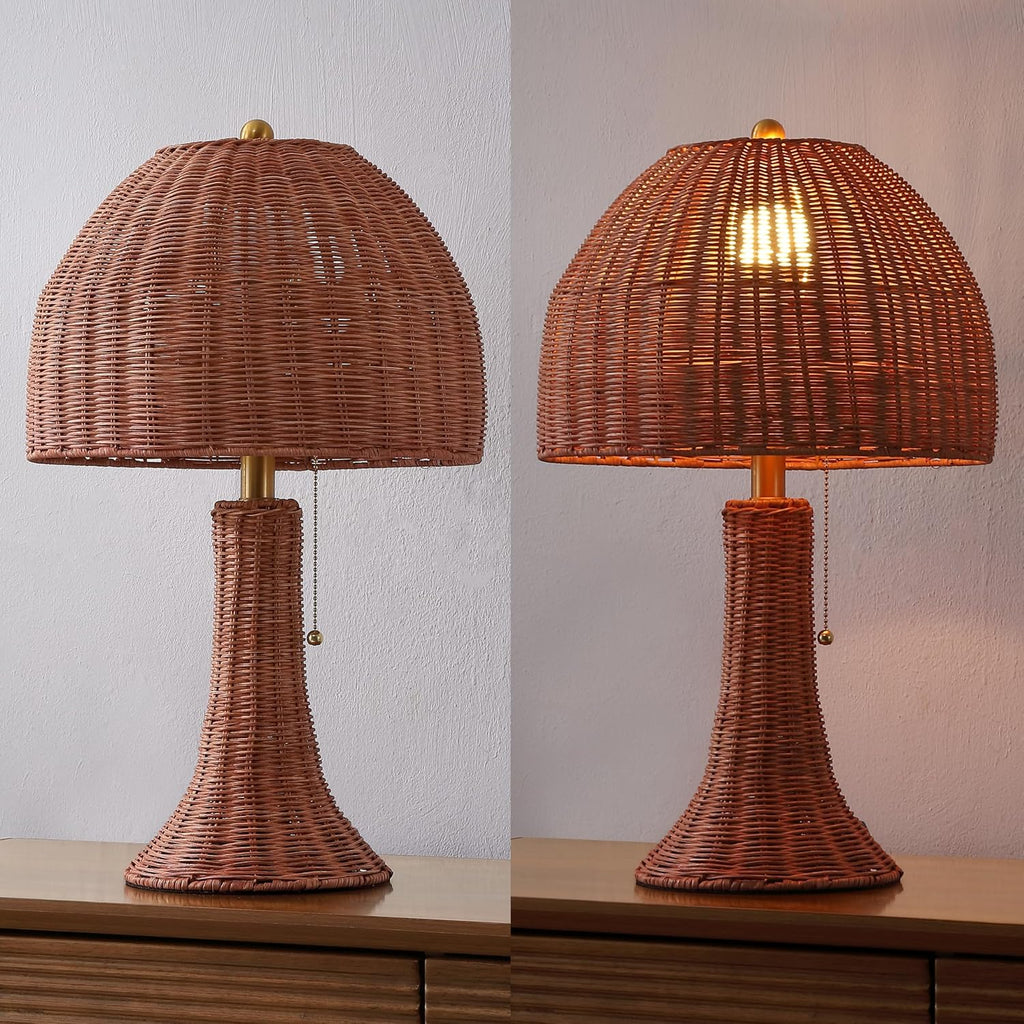 JONATHAN Y 22' Dark Brown Woven Rattan Mushroom Table Lamp Bohemian Coastal Bedside Lamp for Living Room Bedroom with Rattan Dome Shade LED Bulb Included JYL4011C