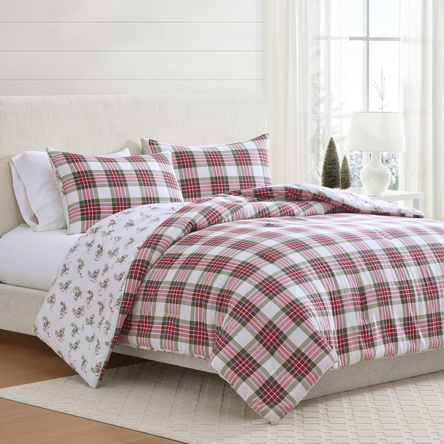 Martha Stewart - Queen Bedding Comforter Sets, Wonderfully Plush & Naturally Soft Cotton Flannel Bedding w/Matching Pillowcases, 3 Piece Bed Sets (Yuletide Spruce Plaid/Holiday Ribbons Red)