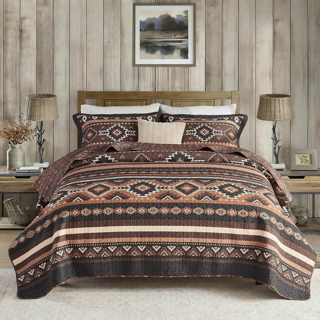 Traditional Quilt Queen Size - 3 Pieces Rustic Aztec Bedding Sets - 100% Cotton Southwestern Bedspread for All Season - American Navajo Diamond Motif Lightweight Comforter - Brown/Black