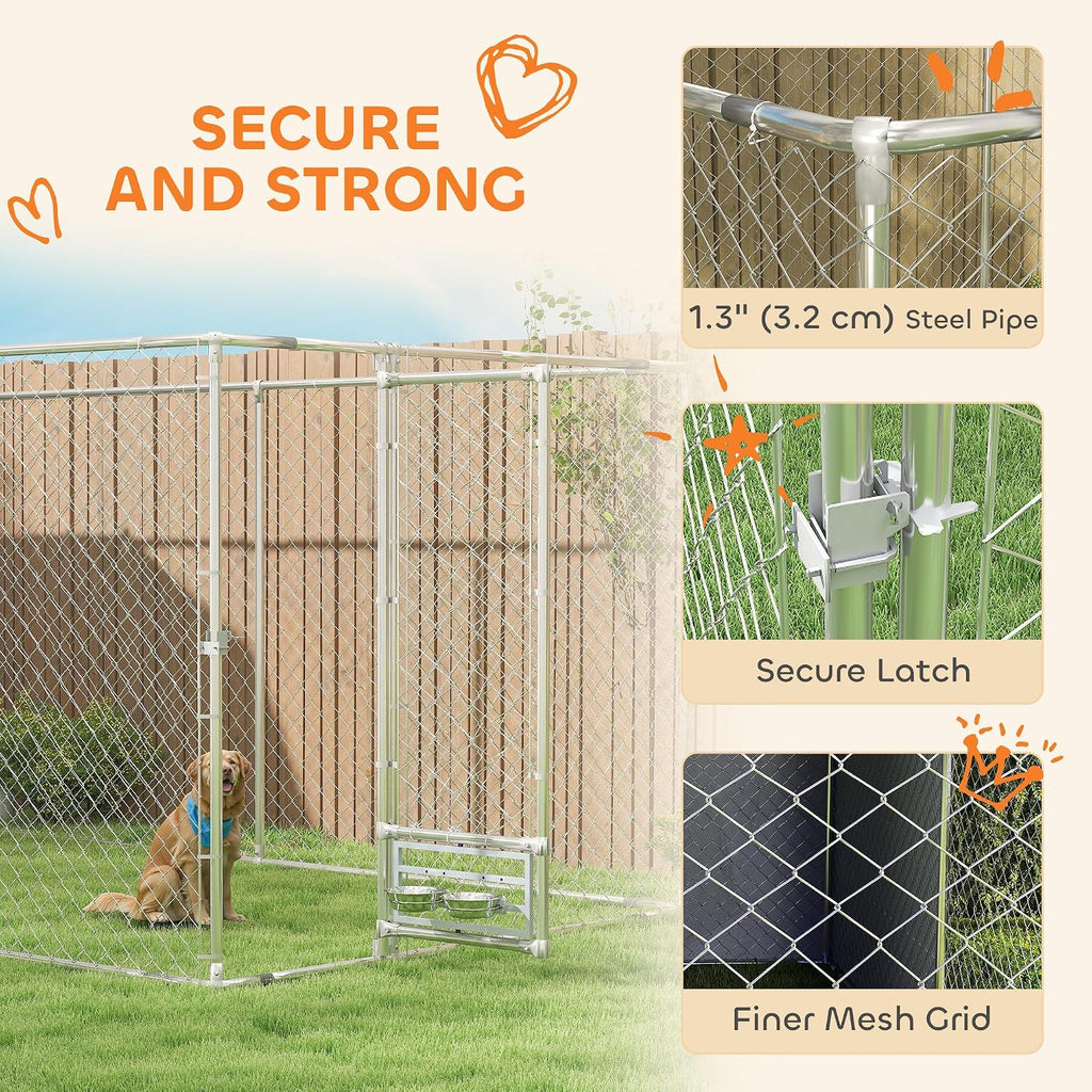 PawHut 20' x 7.5' x 7.5' Large Outdoor Dog Kennel w/Secure Lock, Heavy Duty Galvanized Chain Link Dog Kennel w/Waterproof & UV-Resistant Cover, Rotating Bowls, for M&L Breeds, Chickens, Ducks