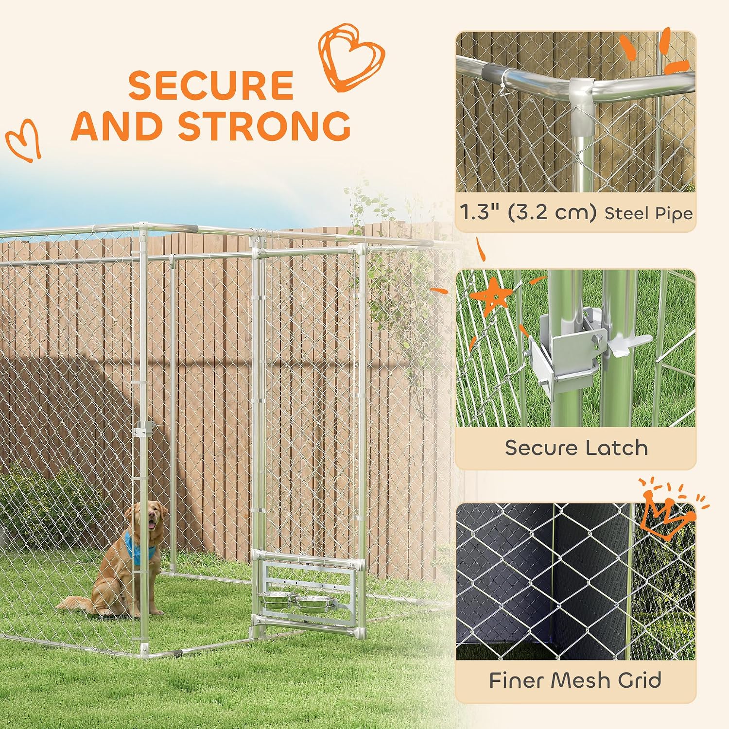 PawHut 20' x 7.5' x 7.5' Large Outdoor Dog Kennel w/Secure Lock, Heavy Duty Galvanized Chain Link Dog Kennel w/Waterproof & UV-Resistant Cover, Rotating Bowls, for M&L Breeds, Chickens, Ducks