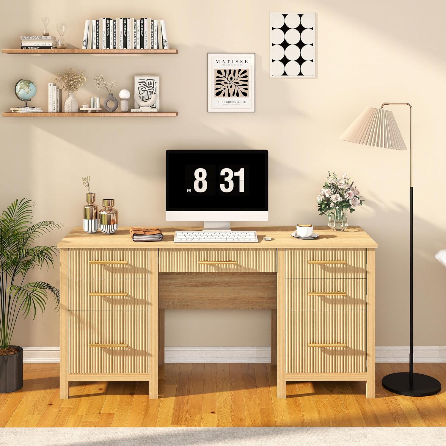 Modern Executive Desk with Drawers: 60' Oak Home Office Desks with File Drawers, Wood Fluted Computer Writing Desk for Work, Study, and Living Room (60')