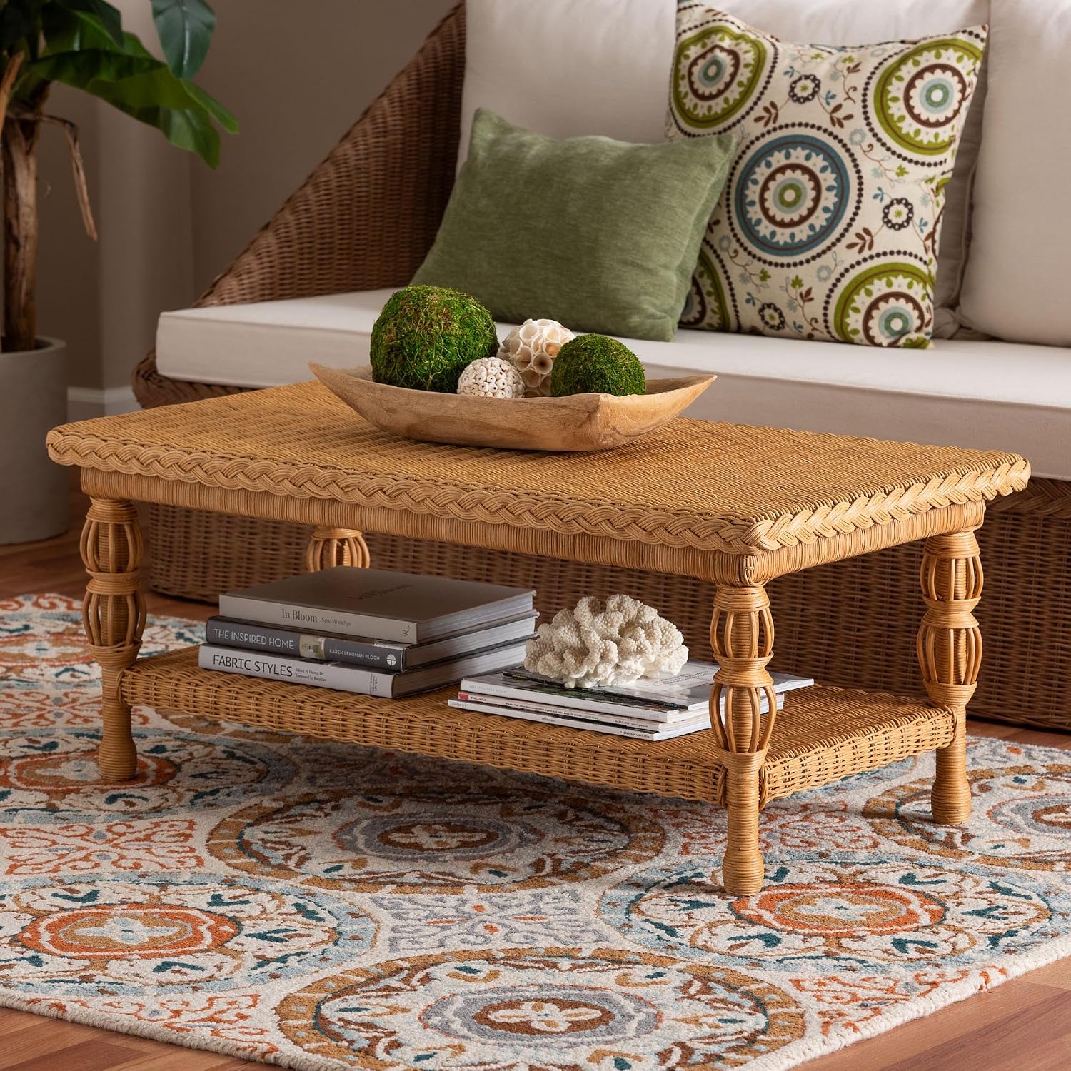Bali & pari Dolby Natural Rattan Coffee Table - Handwoven Wicker Accent Table with Lower Shelf, Coastal Boho Style Living Room Centerpiece