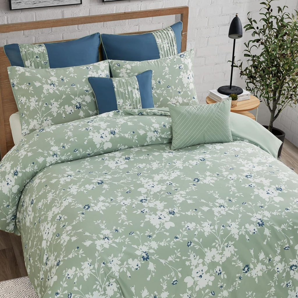 Lucky Brand Fianna Sage Green Floral Luxury 7 Piece Comforter Bedding Set - Full/Queen Size Comforter Set