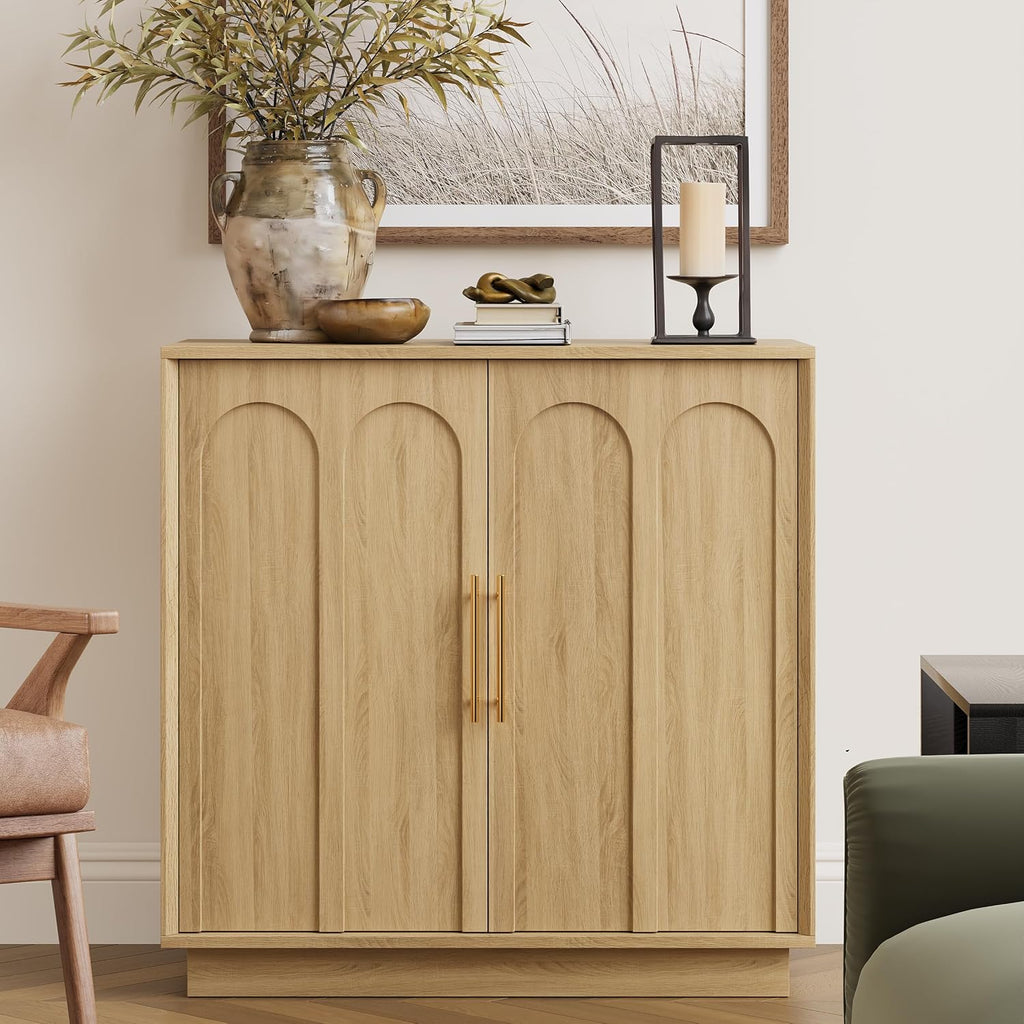 FORTUNETEC Sideboard Buffet Cabinet with Storage, Modern Accent Cabinet with Arched Doors, Boho Modular Media Console, 31.5' Minimalist Credenza for Living Room Kitchen Dining Room Entryway, Oak