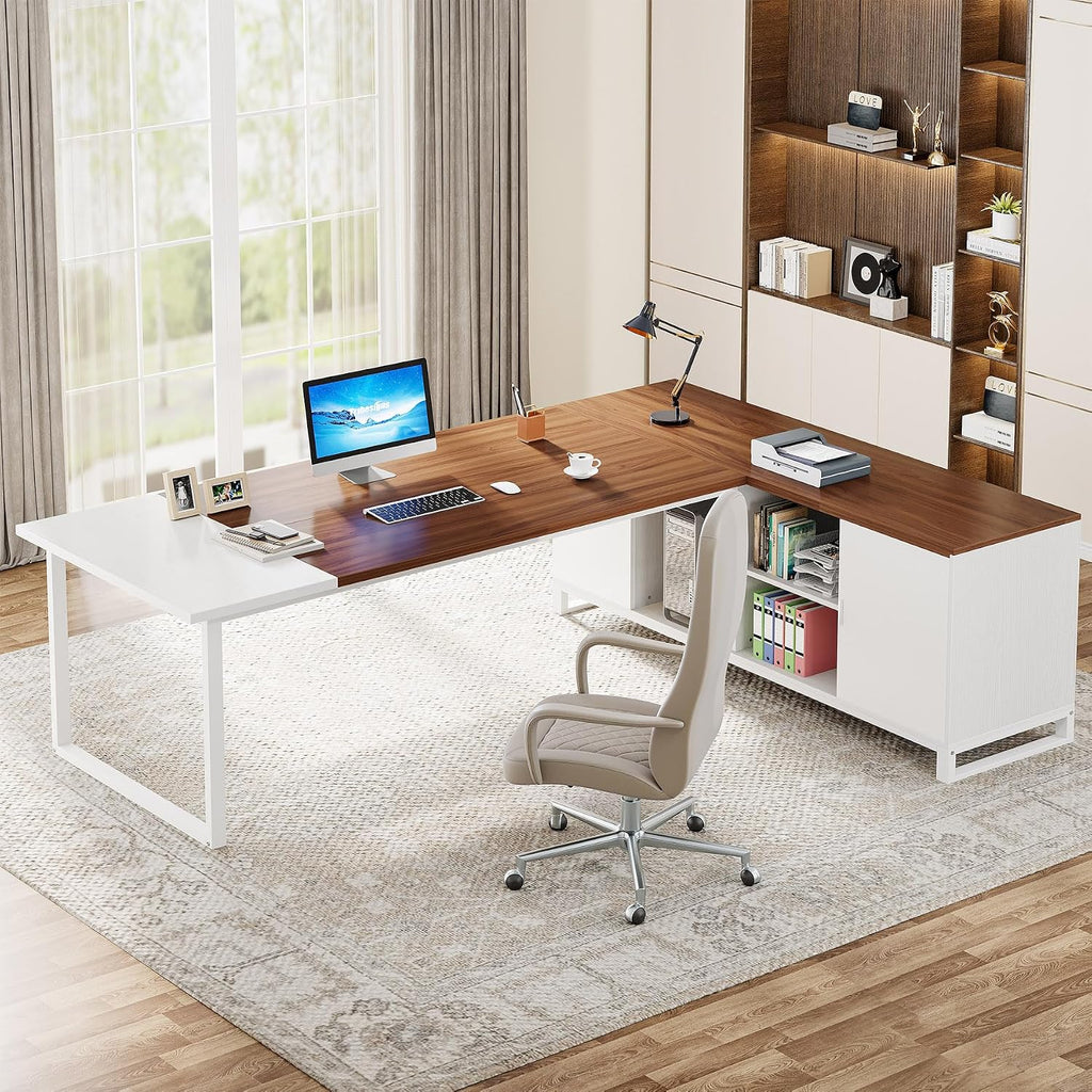 Tribesigns 70.8-Inch Executive Desk with 55-Inch File Cabinet, Large L Shaped Computer Desk with Storage Cabinet and Shelves, Modern L-Shaped Desk for Home Office, Walnut & White