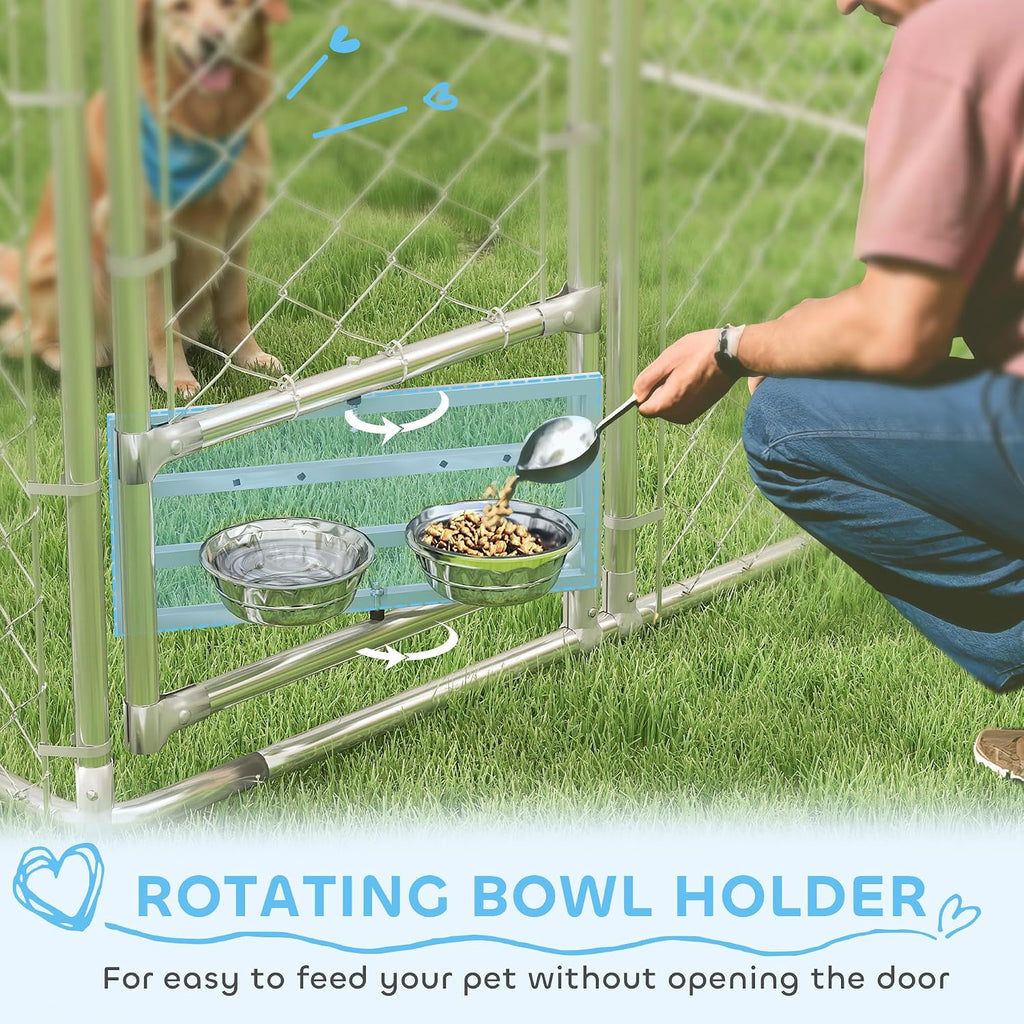 PawHut Large Outdoor Dog Kennel, Heavy Duty Galvanized Chain Link Dog Kennel Outside with Waterproof & UV-Resistant Cover, Rotating Bowls Door, for M&L Breeds, Chickens, Ducks, 13' x 7.5' x 7.5'
