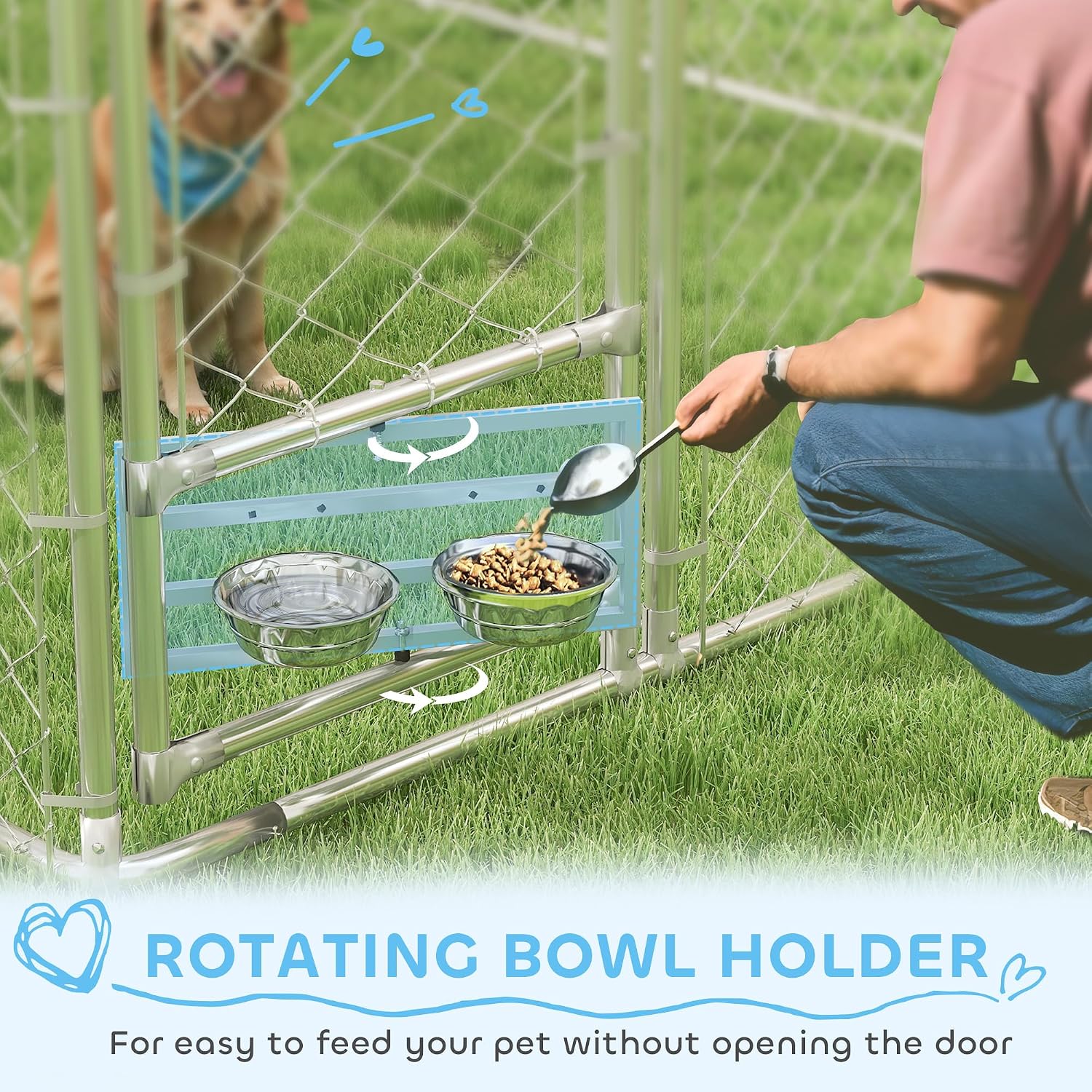 PawHut Large Outdoor Dog Kennel, Heavy Duty Galvanized Chain Link Dog Kennel Outside with Waterproof & UV-Resistant Cover, Rotating Bowls Door, for M&L Breeds, Chickens, Ducks, 13' x 7.5' x 7.5'