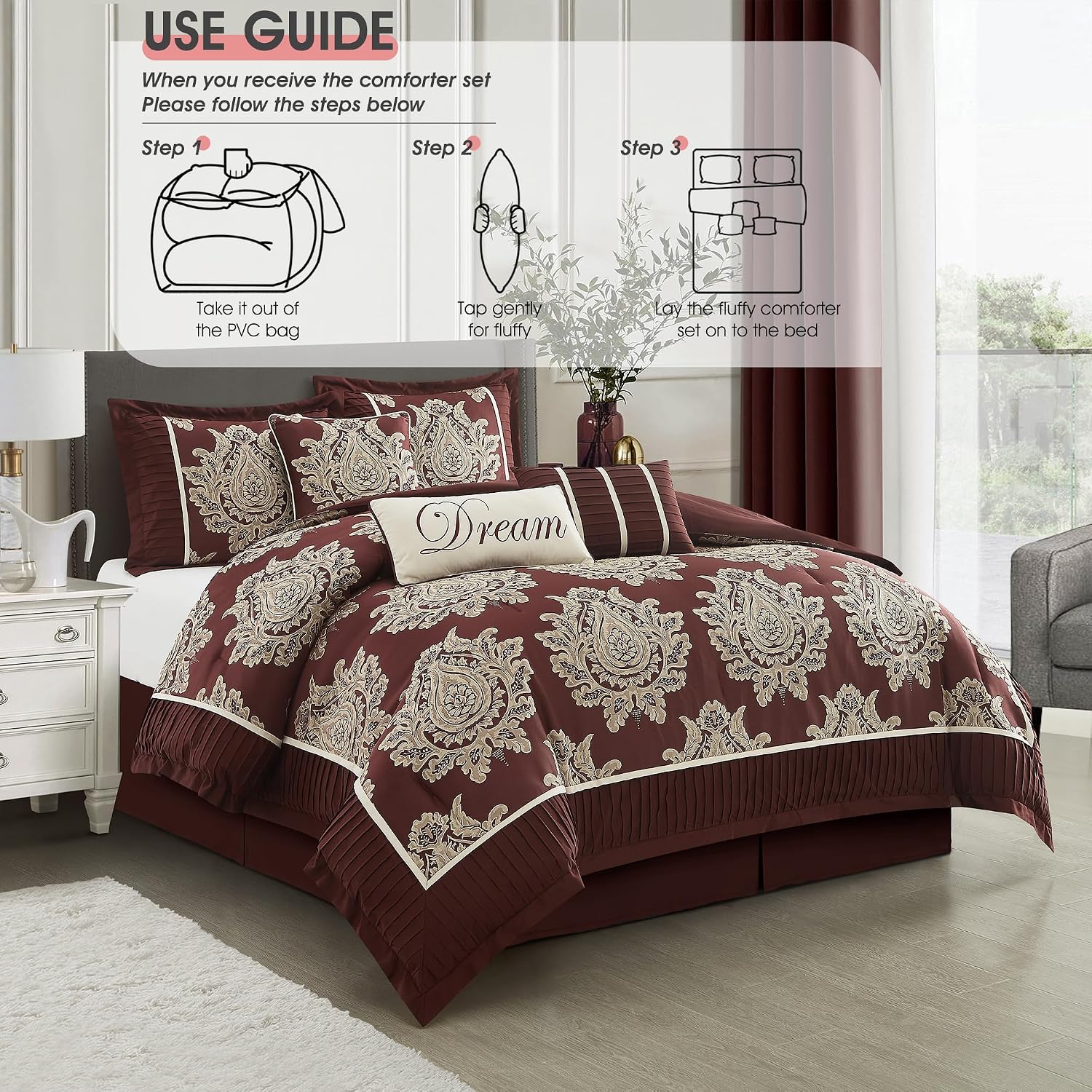 LANCO MODERN LIFESTYLE Burgundy California King Comforter Set 7 Pieces, Jacquard Woven with Damask, Bedding Set in a Bag Includes Comforter, Bed Skirt, Pillow Shams, and Decorative Pillows