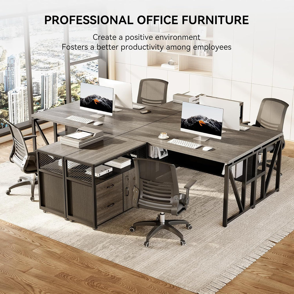 LITTLE TREE 55' Executive Computer Desk and Lateral File Cabinet, L-Shaped Office Desk for Home Office, Furniture Set, Grey