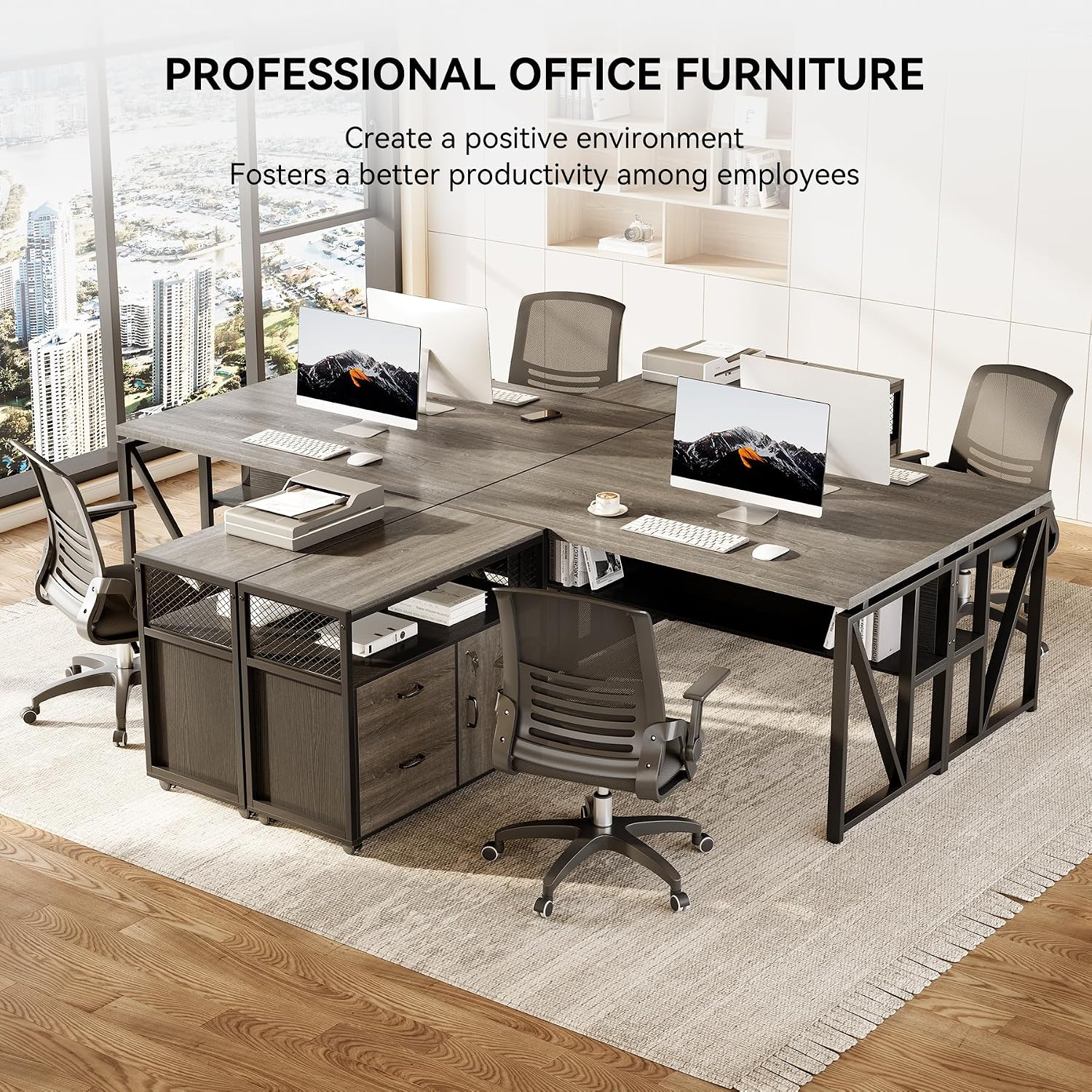 LITTLE TREE 55' Executive Computer Desk and Lateral File Cabinet, L-Shaped Office Desk for Home Office, Furniture Set, Grey